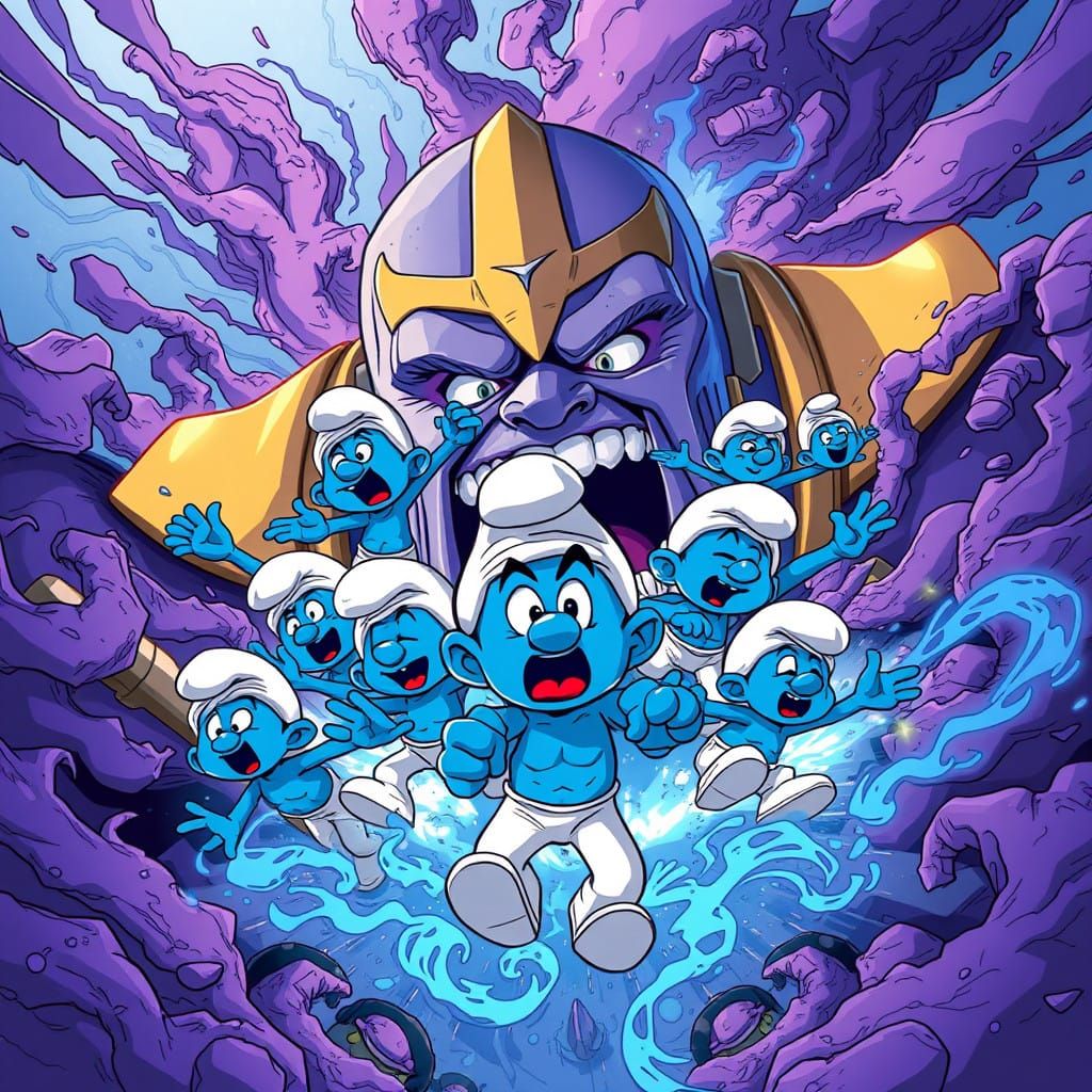 Smurfs Bursting Out of a Surprised Thanos in Vibrant Anime S...