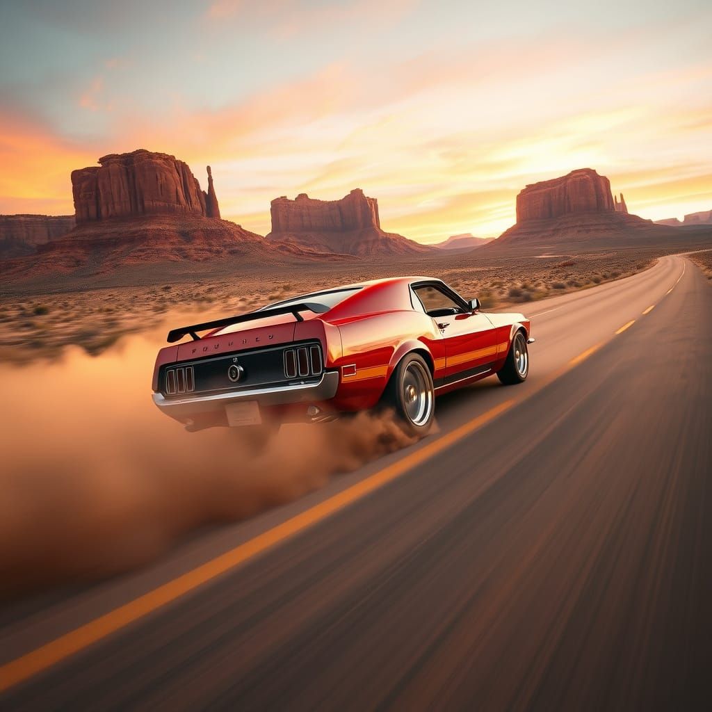 1969 Ford Mustang Mach 1 Speeds Through Desert Sunset