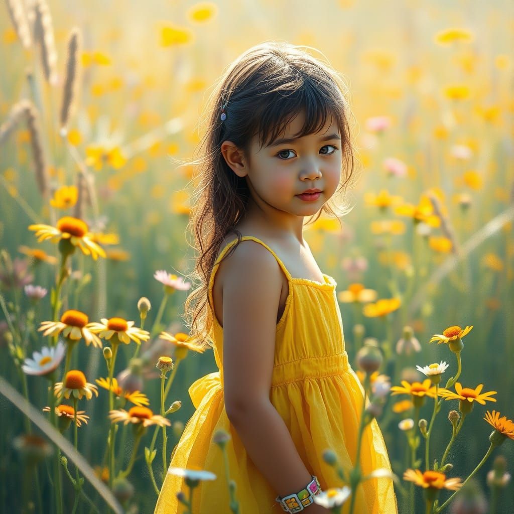 A Young Girl in a Bright Yellow Sundress Amidst Blooming Wil...