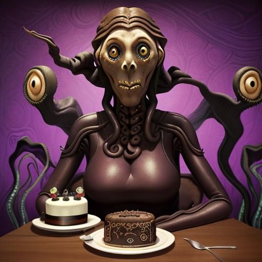 Girl Converses with Eldritch Cake: Surreal Ink Art