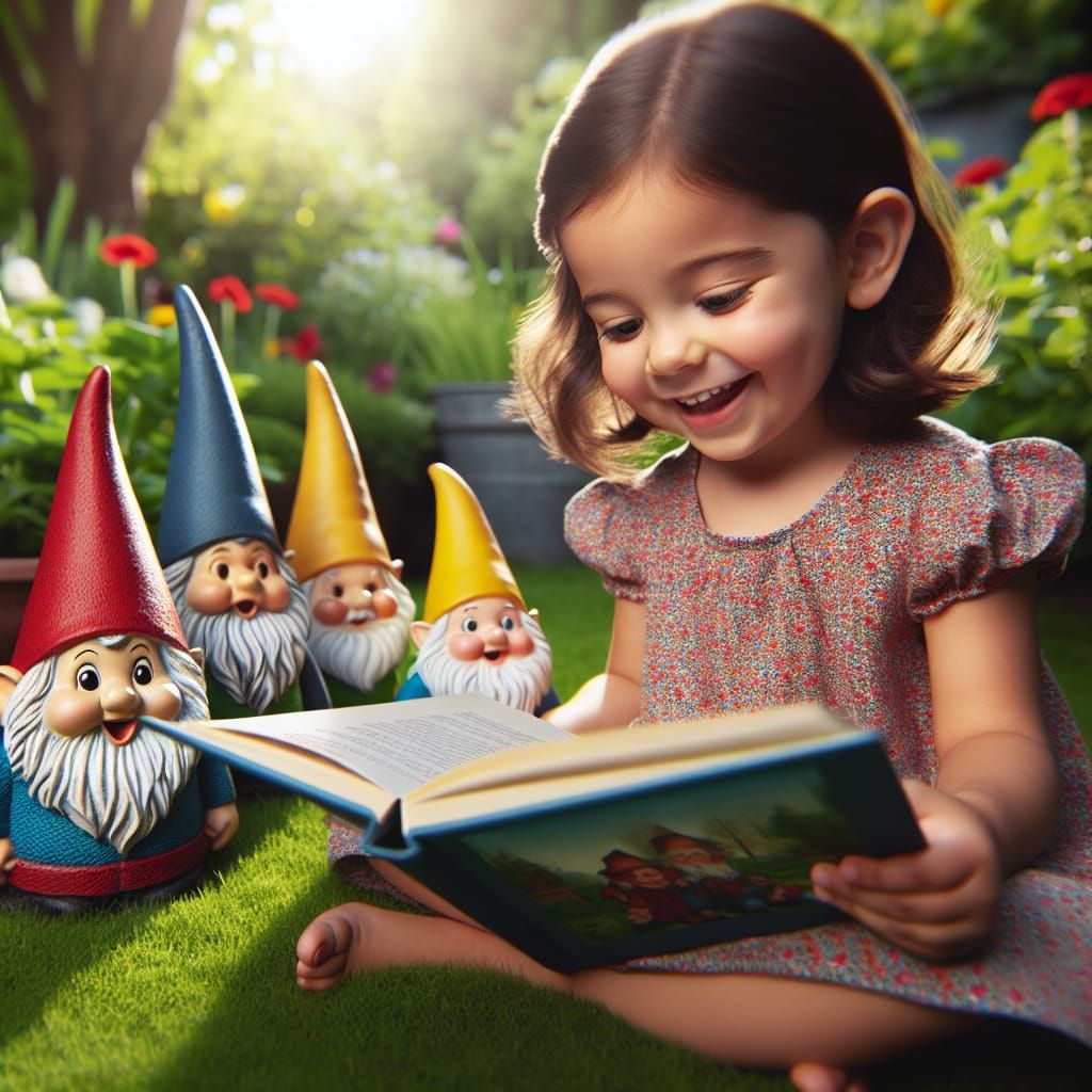 A happy little girl reading to some very happy, brightly coloured garden gnomes.