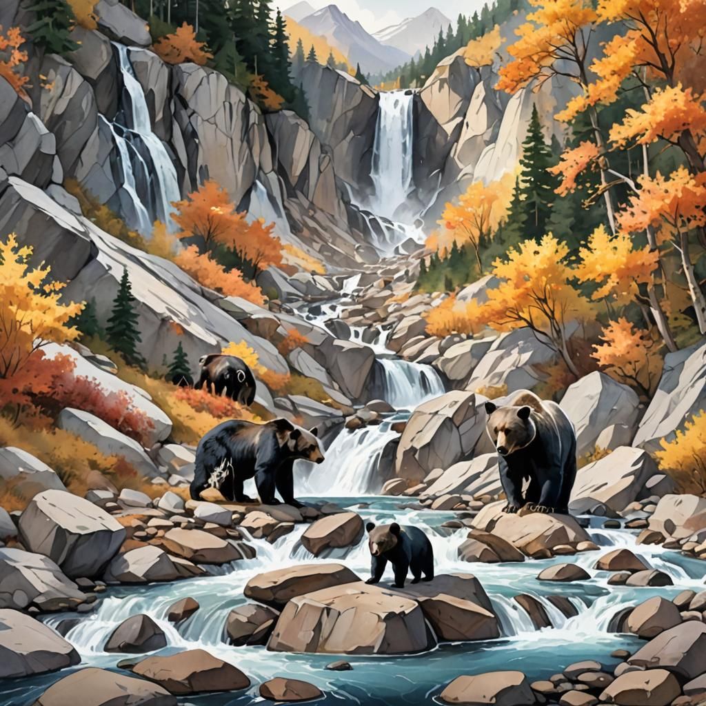 Rocky Mountains: Watercolor Landscape with Black Bears
