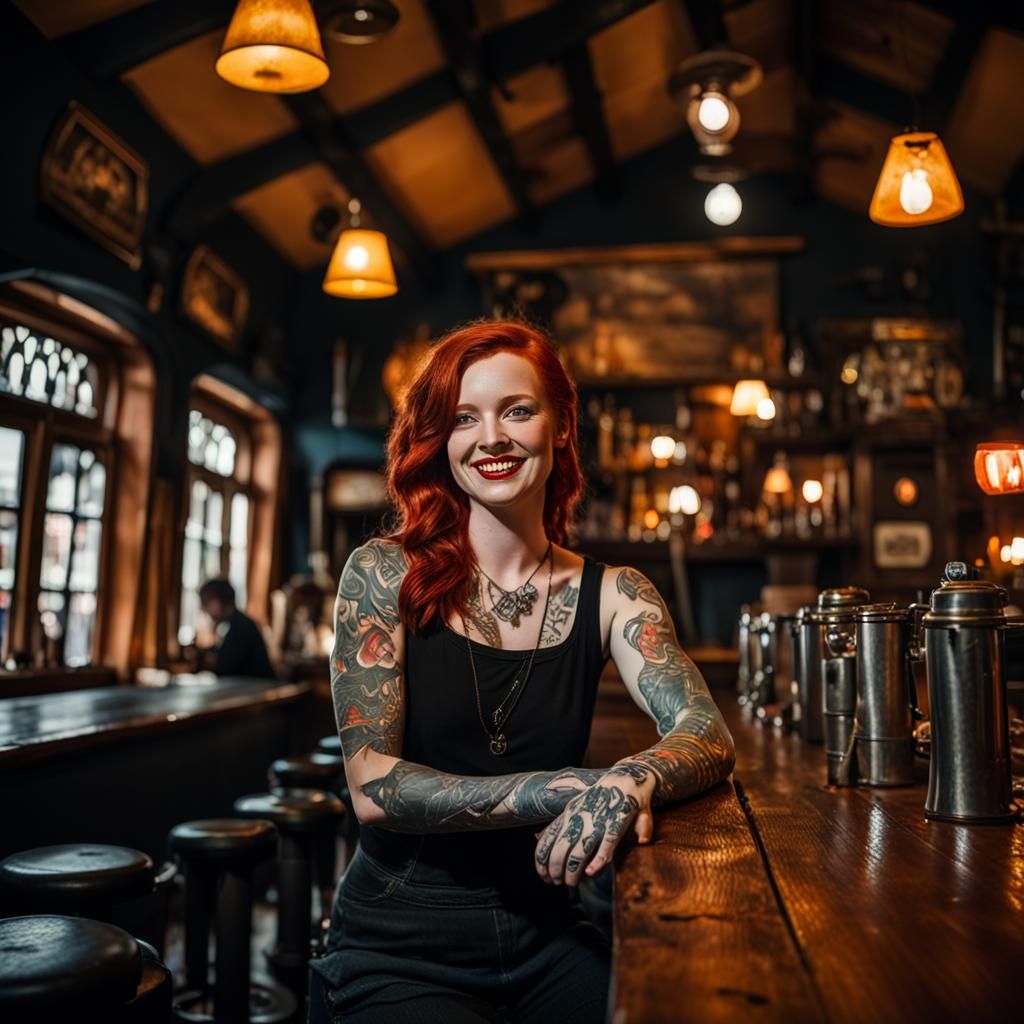 Redhead Smiles in Smoky Pub: Gothic Glamour Portrait