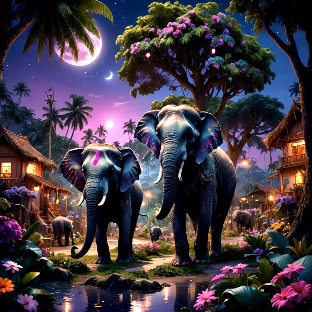 Elephant in Moonlit Village: Detailed Digital Painting