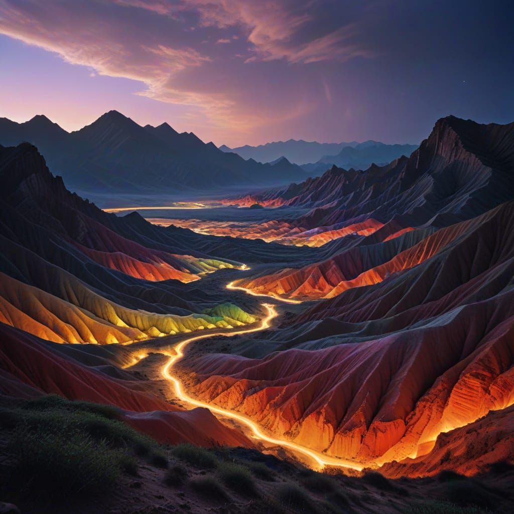 Ethereal Rainbow Mountains at Twilight Hour