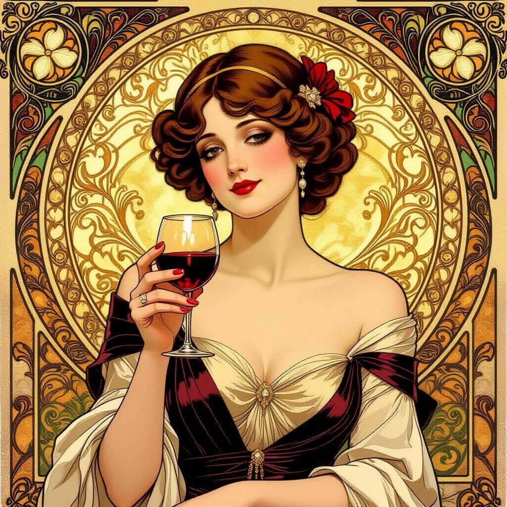 Elegant Woman with Wine Glass in Art Nouveau Style
