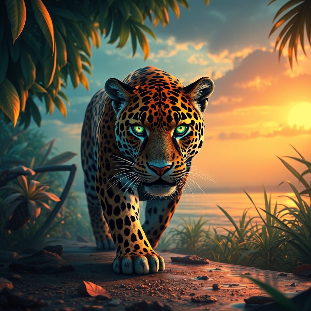 Majestic Jaguar Strolls Amazon Riverbanks at Sunset