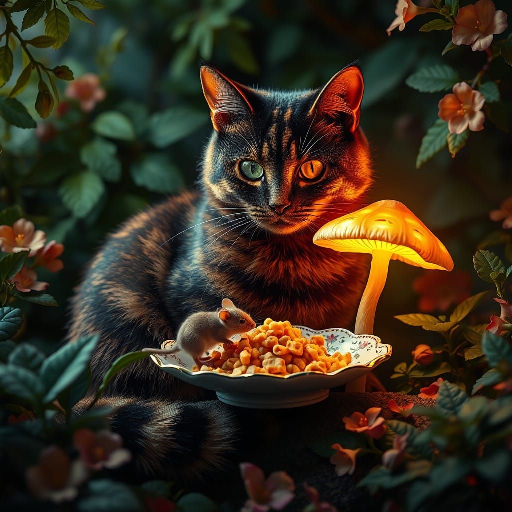 Enchanted Feline Sanctuary in Vibrant Bloom