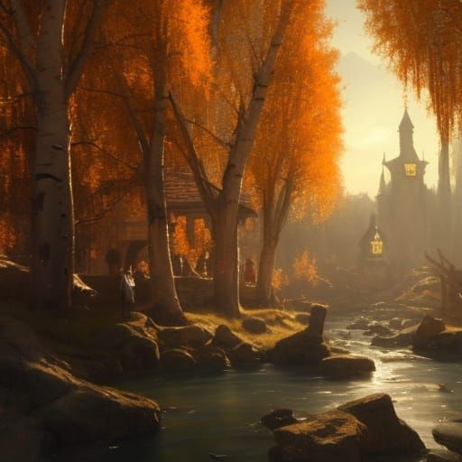Medieval Village in Aspen Forest, Fantasy Art