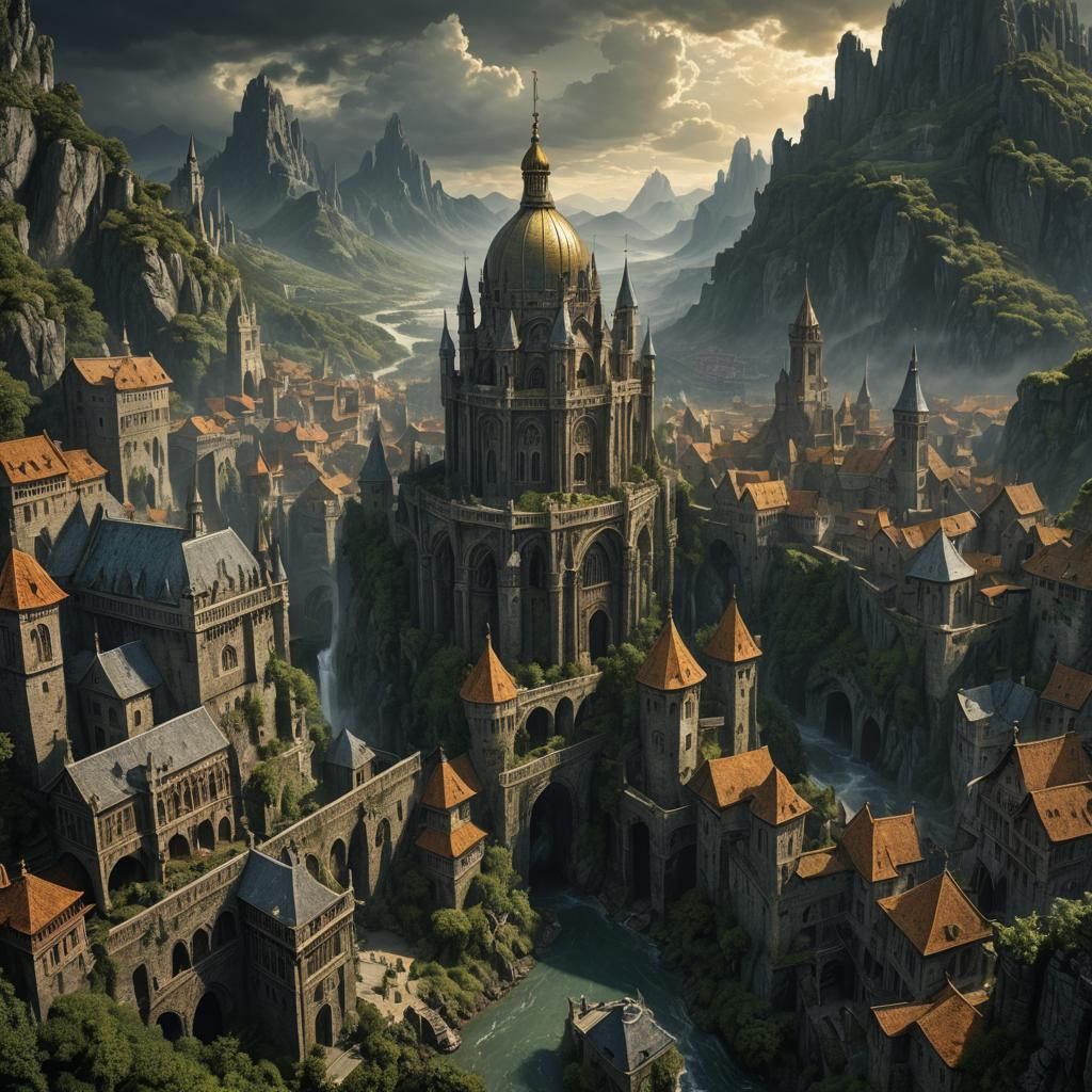 Medieval City in Mountains: Detailed Fantasy Art