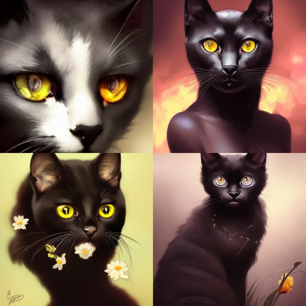 Amber-Eyed Black Kitten Portrait in Hyperdetailed Style