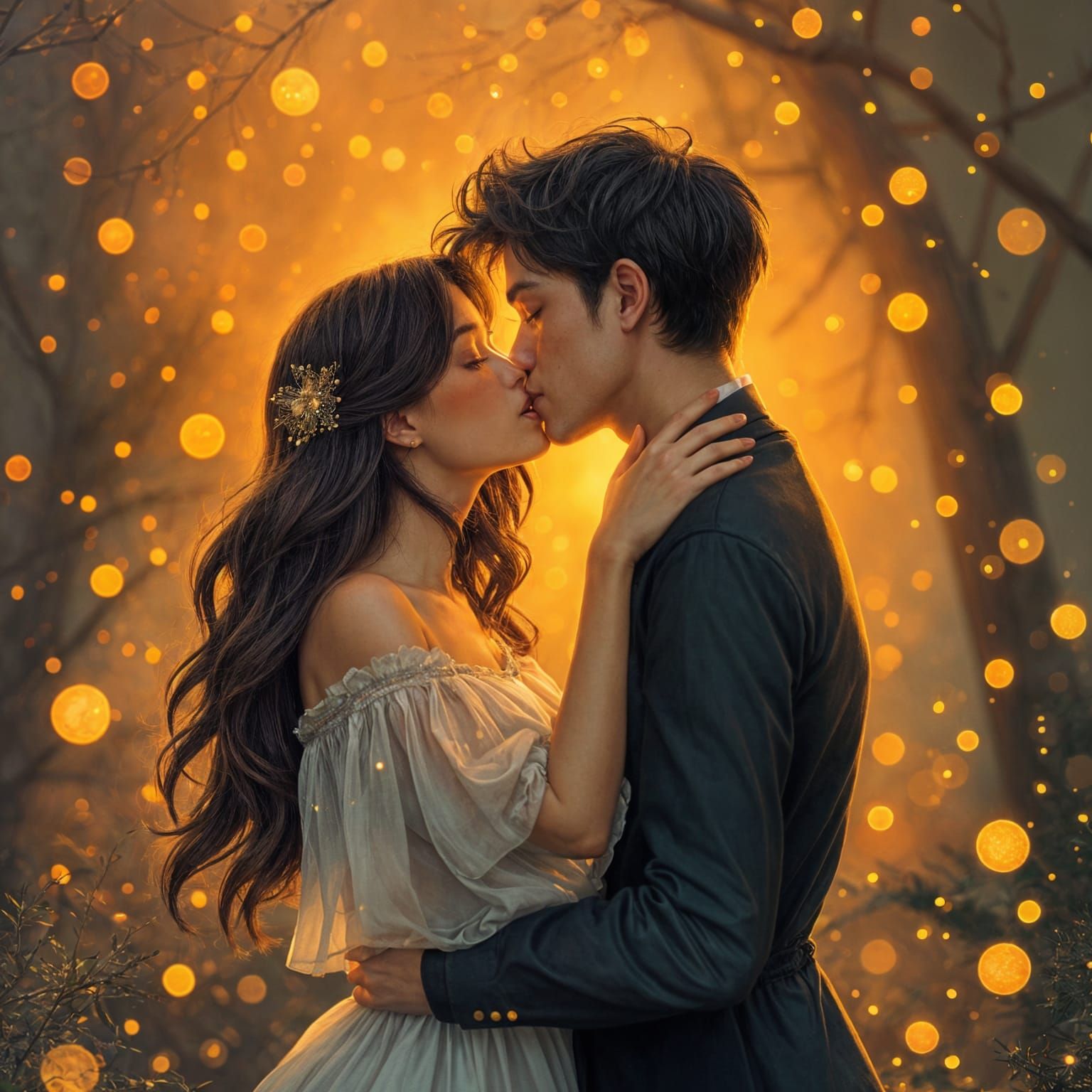 Romantic Kiss at Twilight with Bokeh Lights