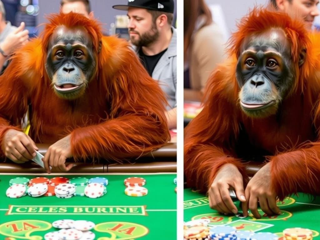Orangutan in a Hat Playing Cards at Casino