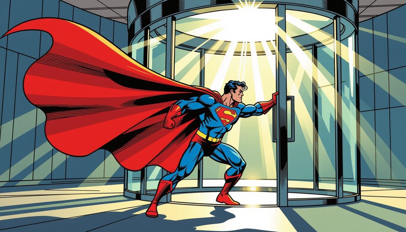 Superhero Cape Stuck in Revolving Door Comic Art
