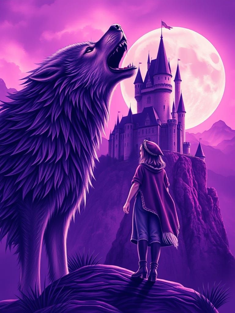 Wolf Guards Noble Lady in Lavender Hued Castle Scene