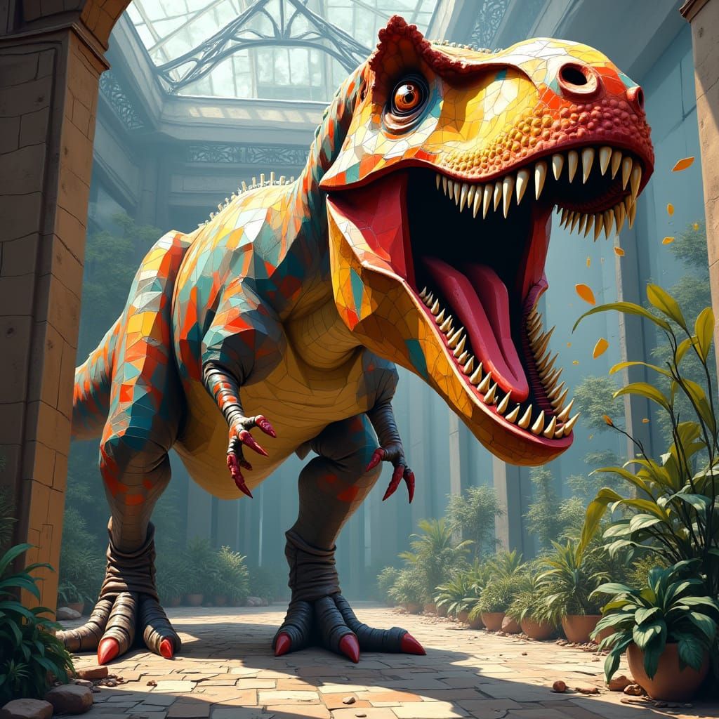 Cubist T-Rex Unleashes Fury on Jurassic Park Visitor Center