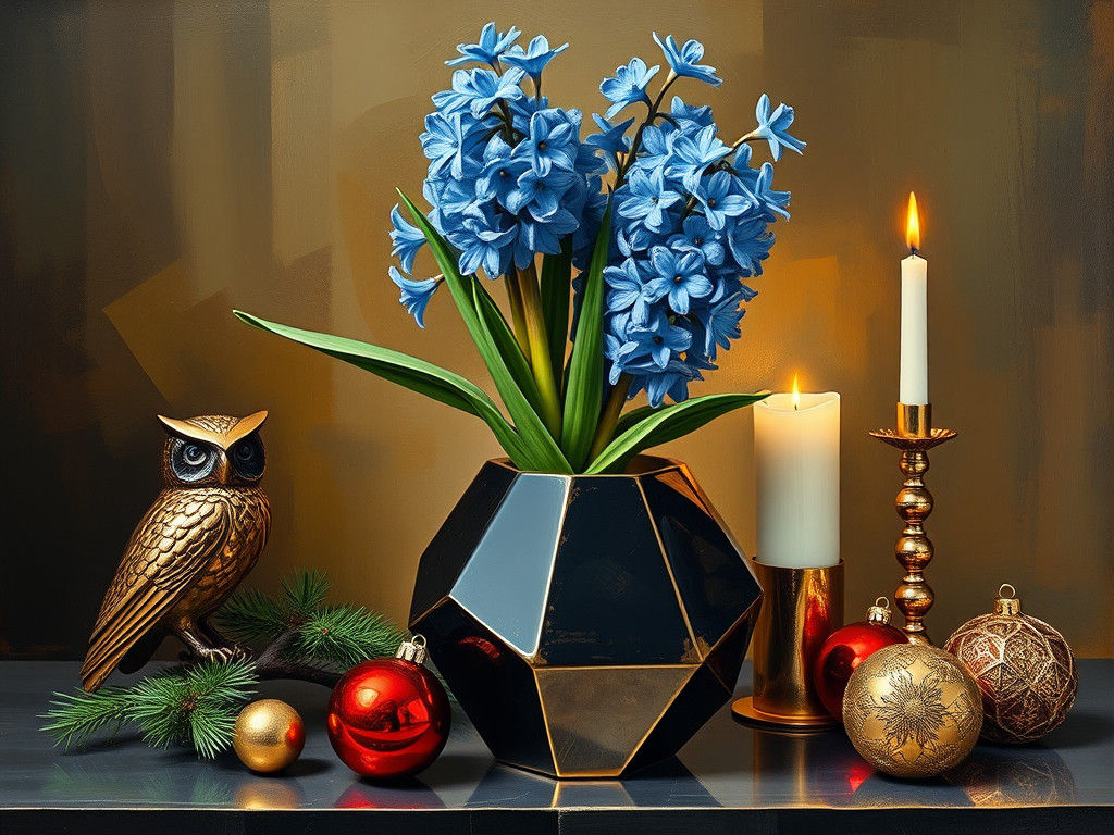 Christmas Still Life in Jagged Cubism Oil Painting