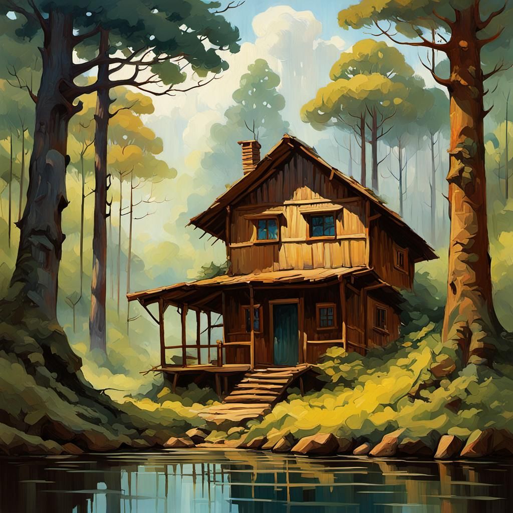 Pintura al óleo muy detallada, pinceladas gruesas, espátula, obra maestra, alta calidad, paisaje agreste con una cabaña ...