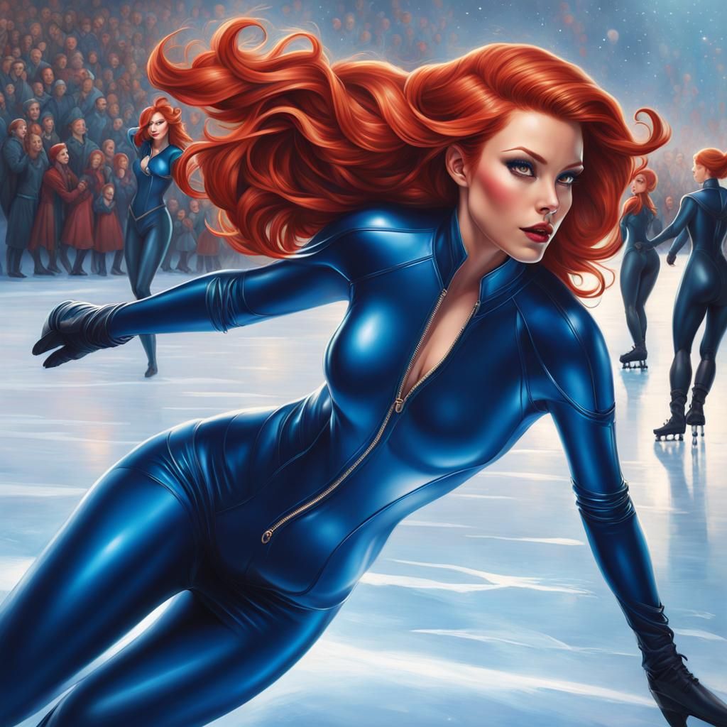beautiful woman, blue latex suit, ice skating, .