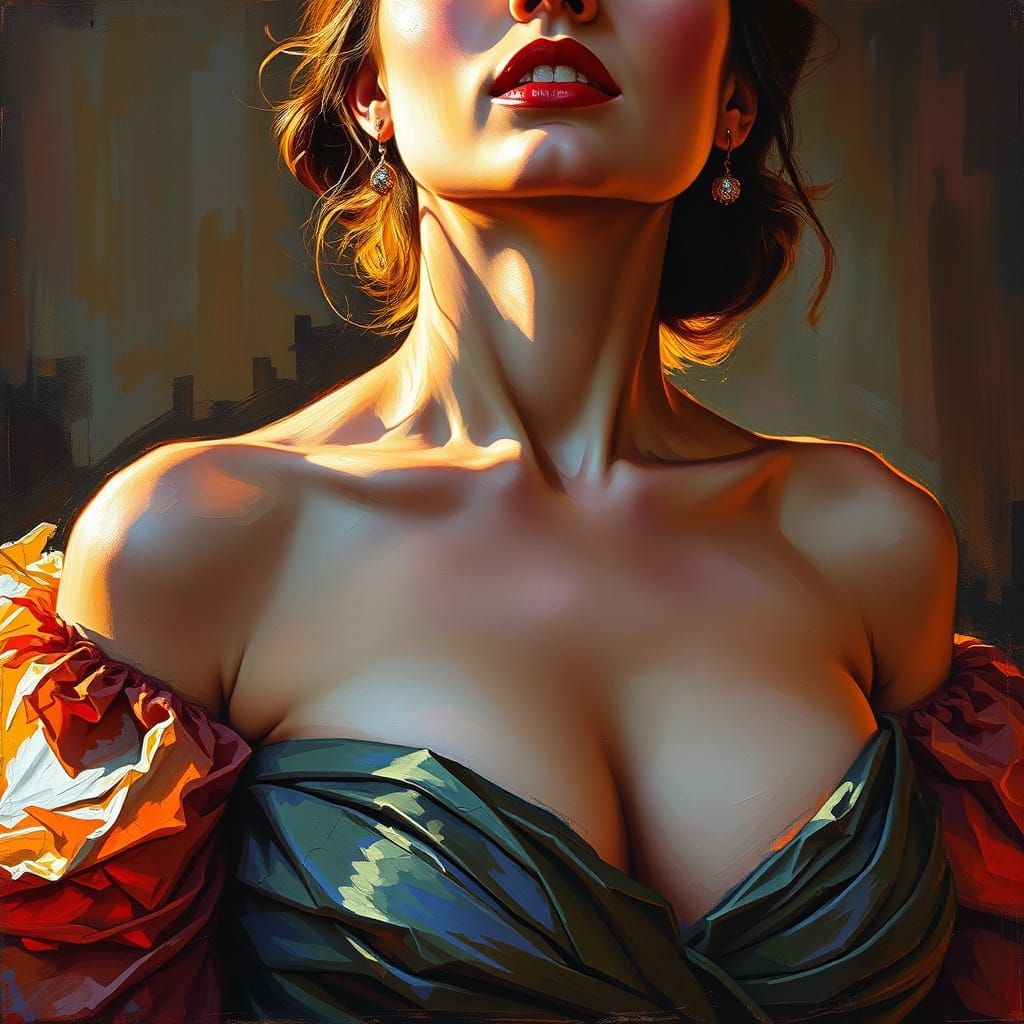Woman with Flamboyant Decolletage in Expressive Oil Painting