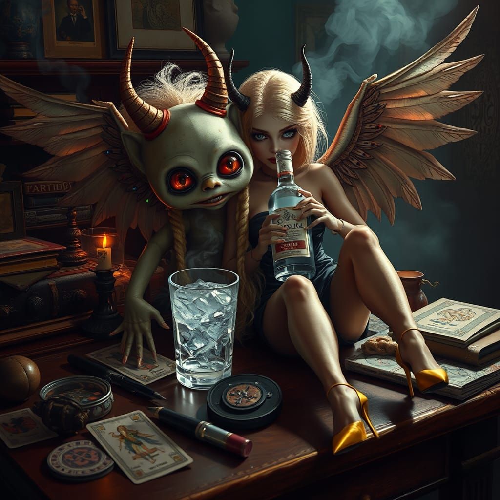 Mystical Voodoo Doll with Vodka, Surrealist Art