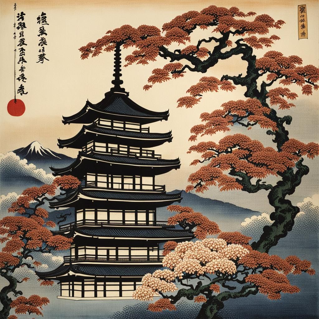 Chrysanthemum Pagoda in Hokusai Style
