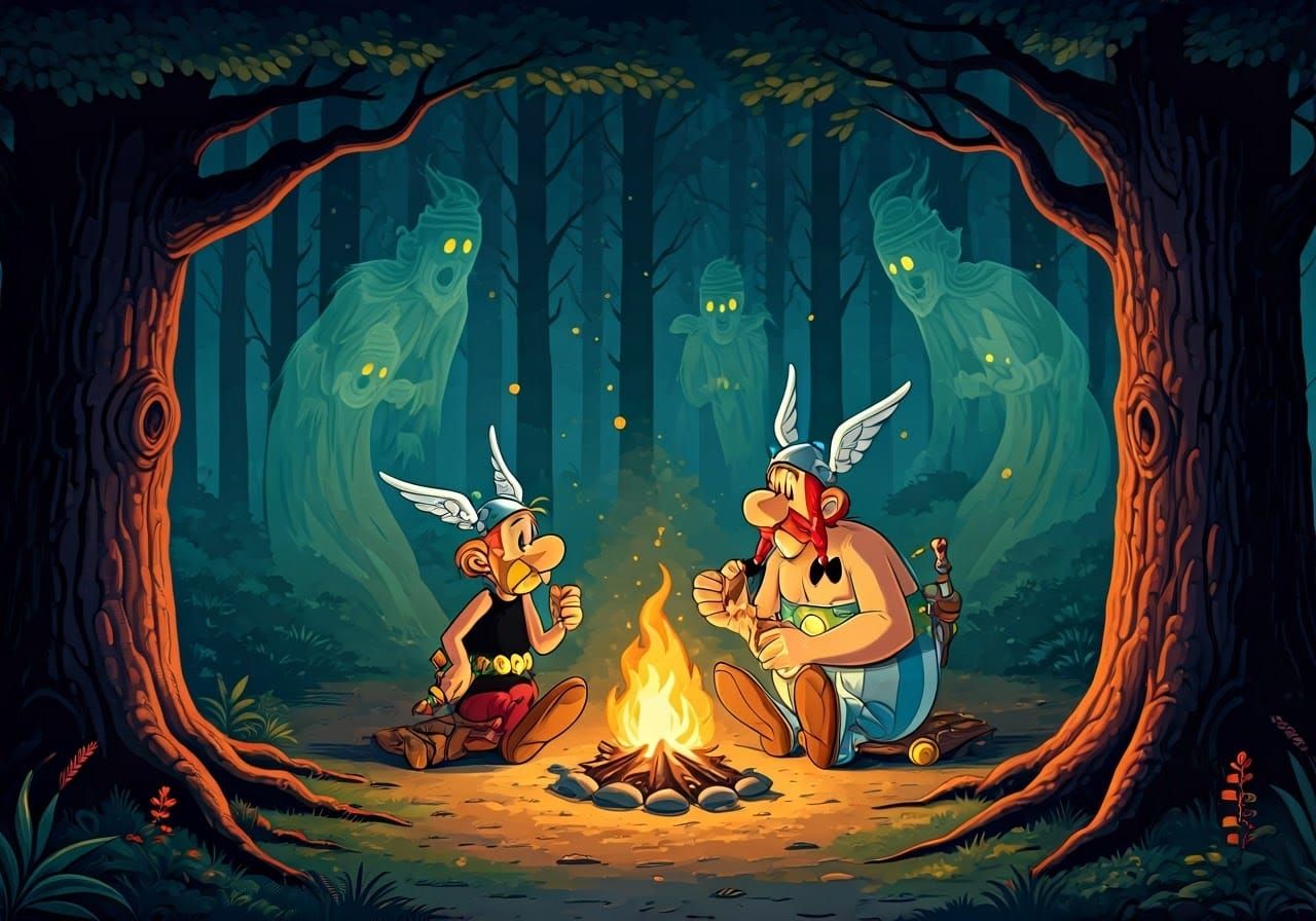 Asterix and Obelix Feast with Ghosts in Comic Style