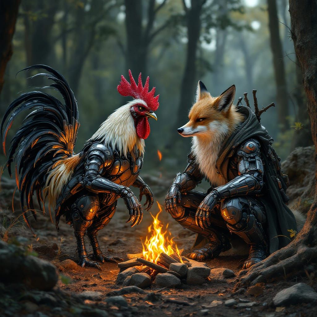 Biomechanical Rooster and Fox by Campfire