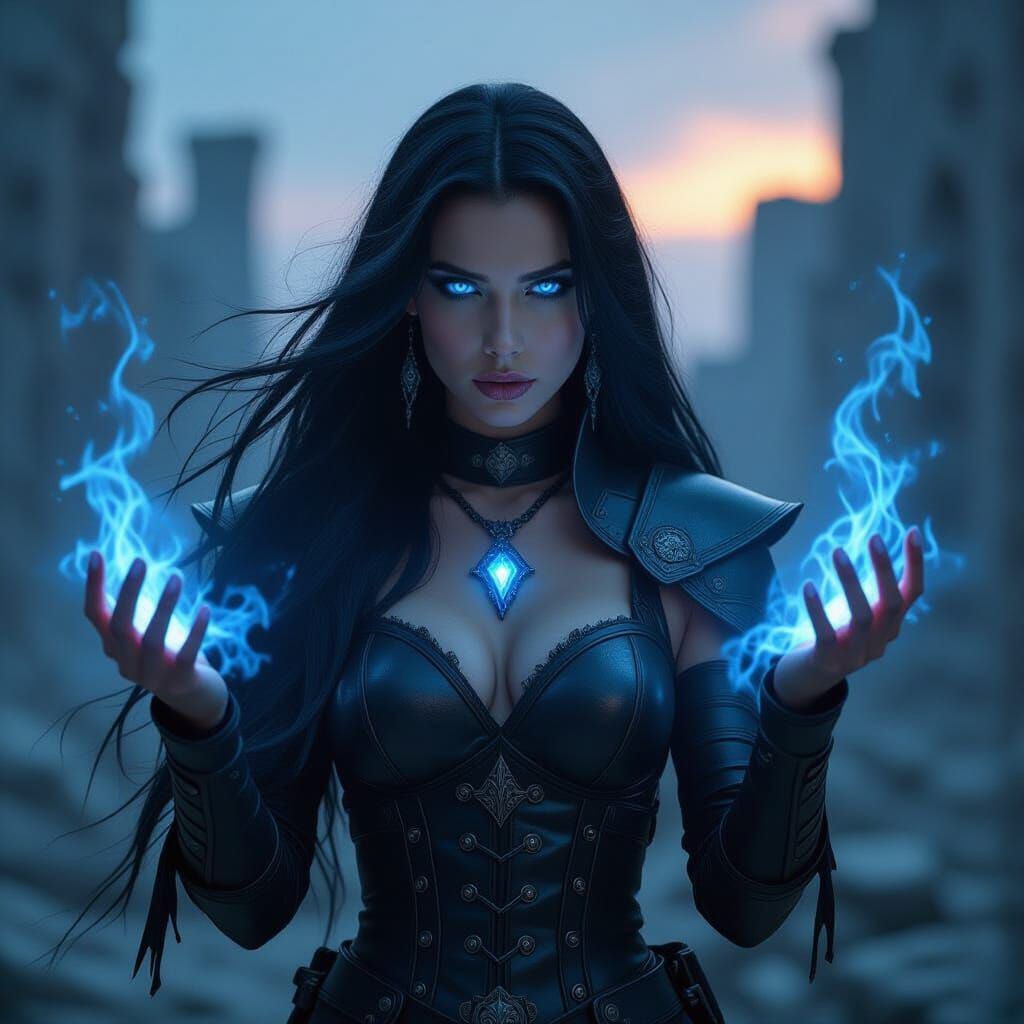 Dark Sorceress with Icy Blue Eyes and Magic Aura