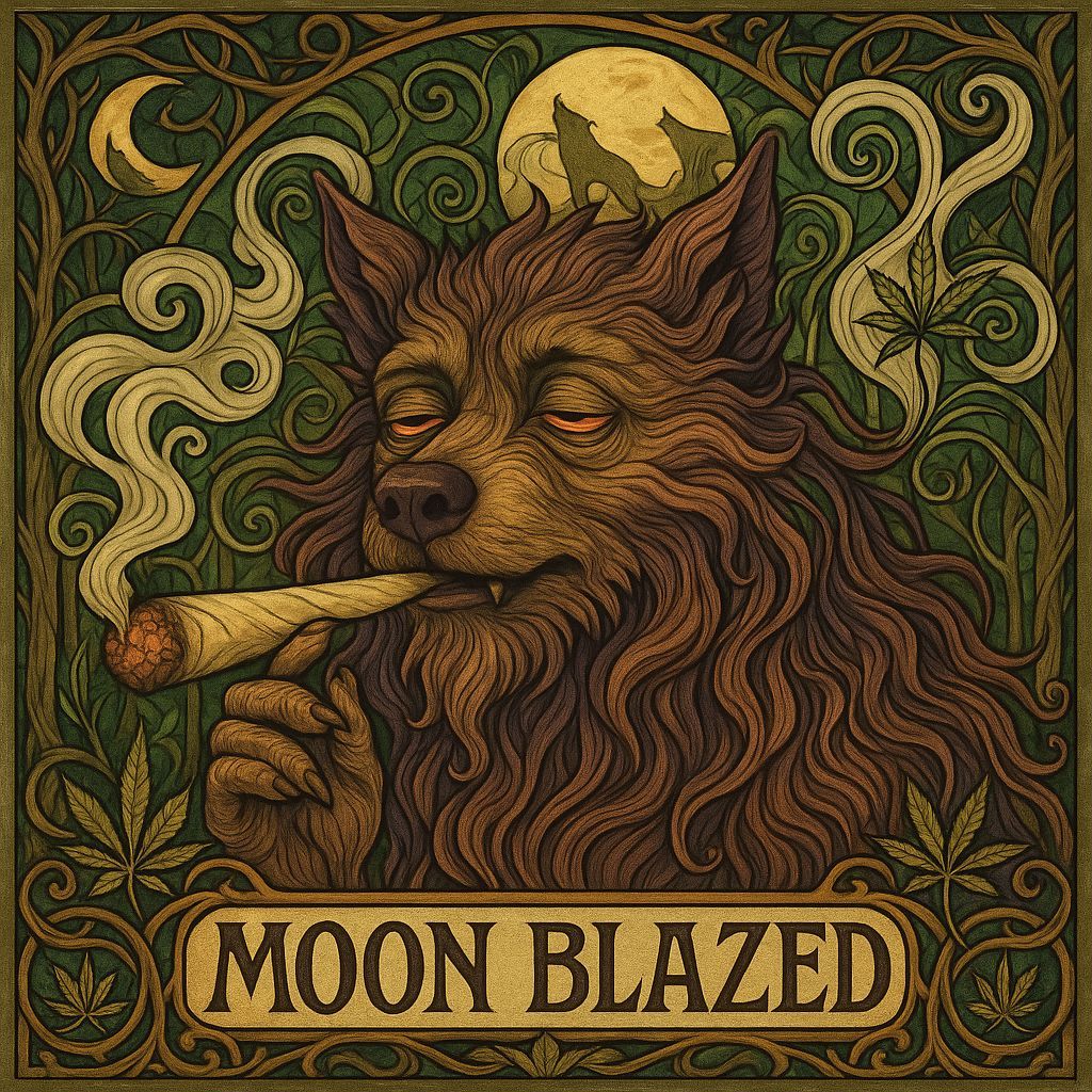 Art Nouveau Wolfman Smoking a Joint in Forest