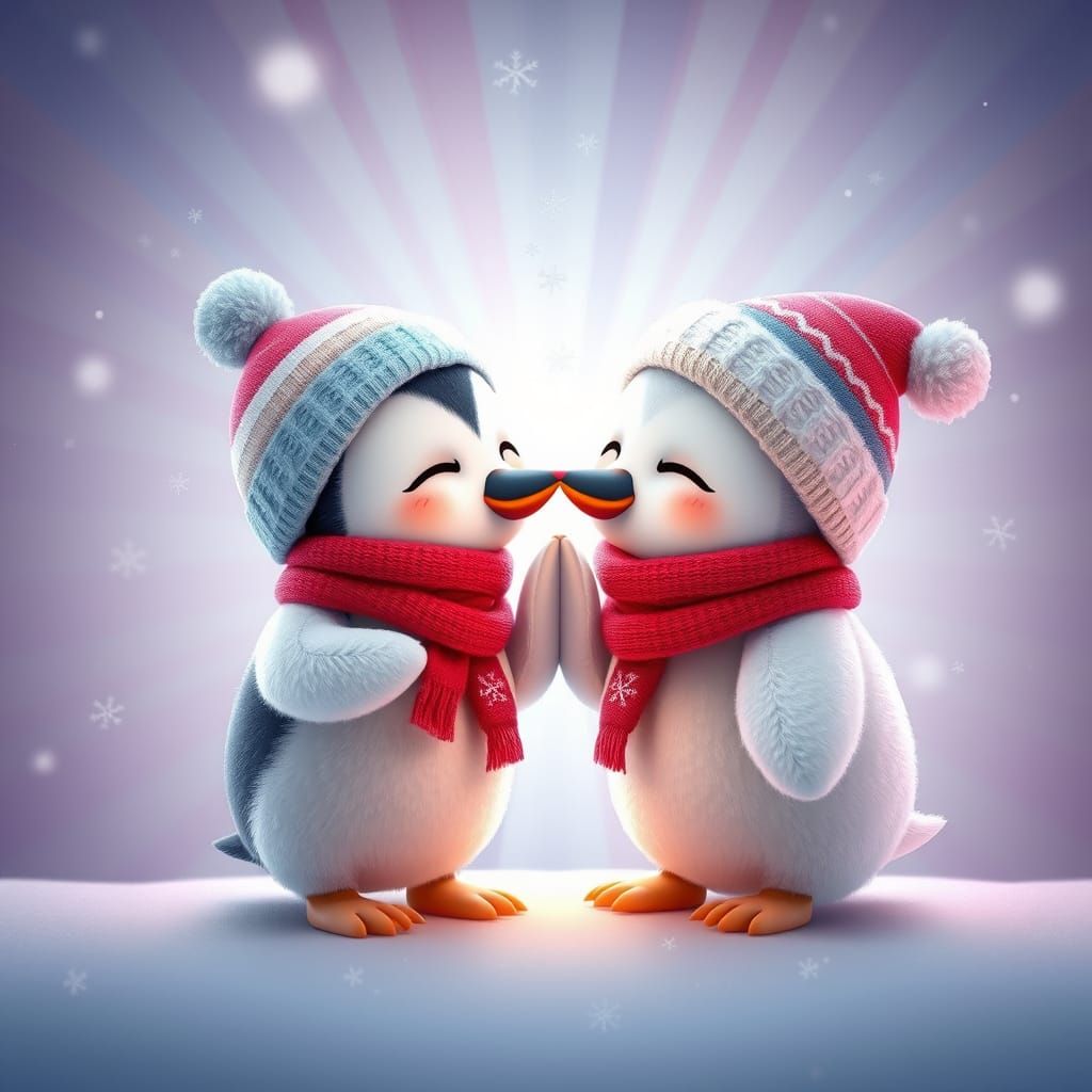 Penguin and Polar Bear Share Eskimo Kisses: 3D Digital Art