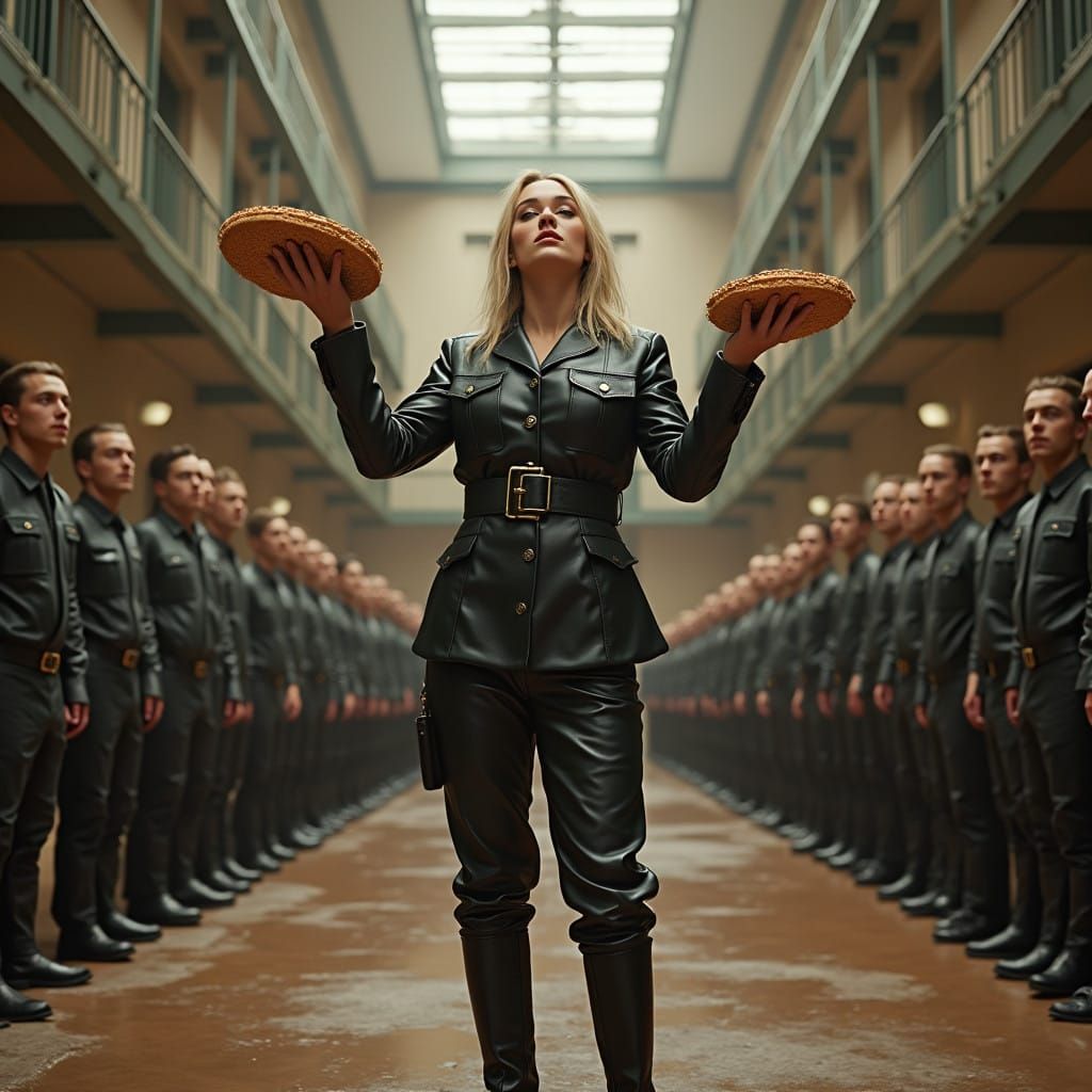 Prison Guard in Black Leather Uniform Throws Apple Pies at I...