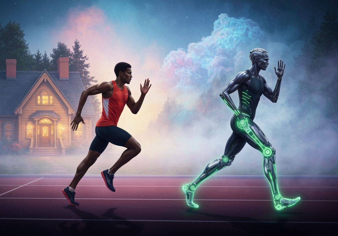 Athlete with Glowing Tech Legs in Ethereal Mist