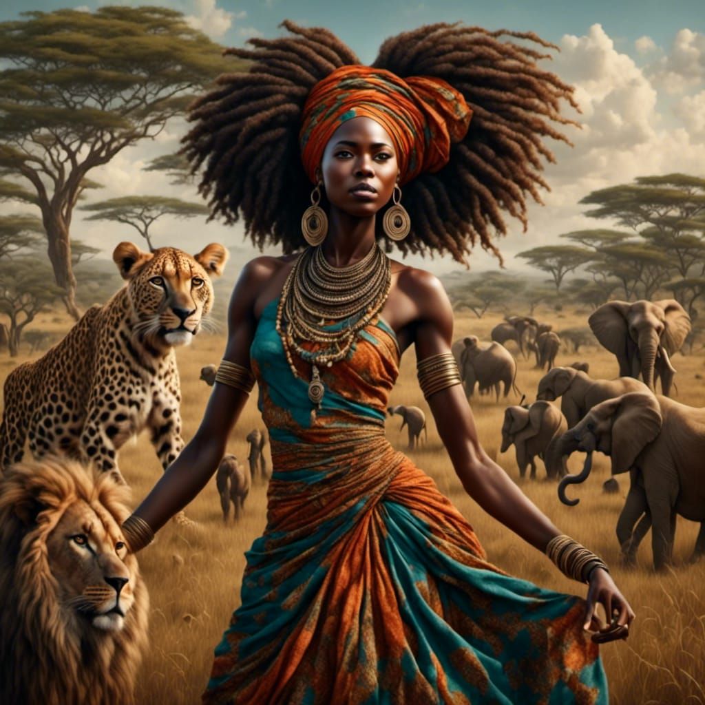 African Woman Dancing with Wild Animals