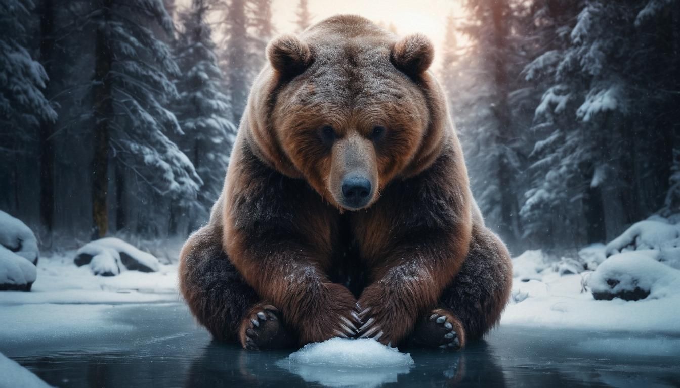 Sentimental Kodiak Bear Gazing into Ice Puddle