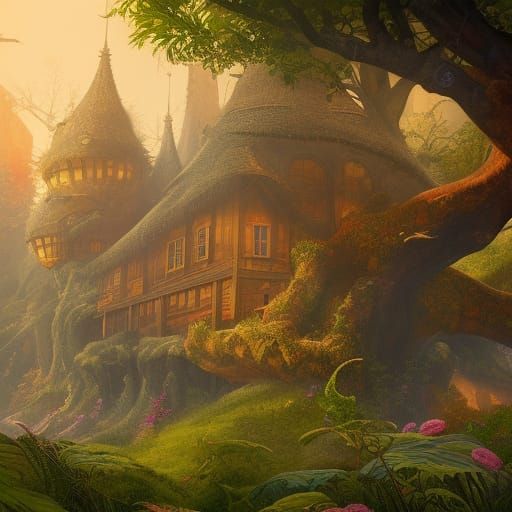 Fantastical Treehouse Matte Painting in Deep Color