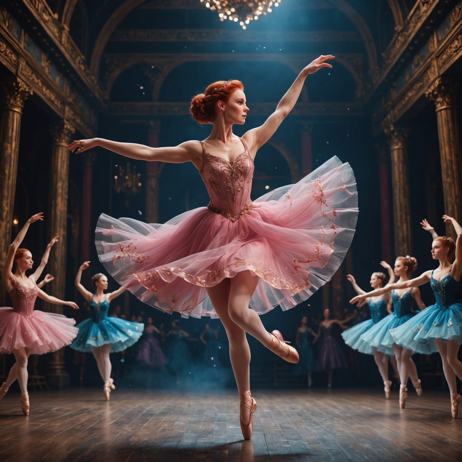 Ethereal Ballerina Leaps in Vibrant Fantasy Scene