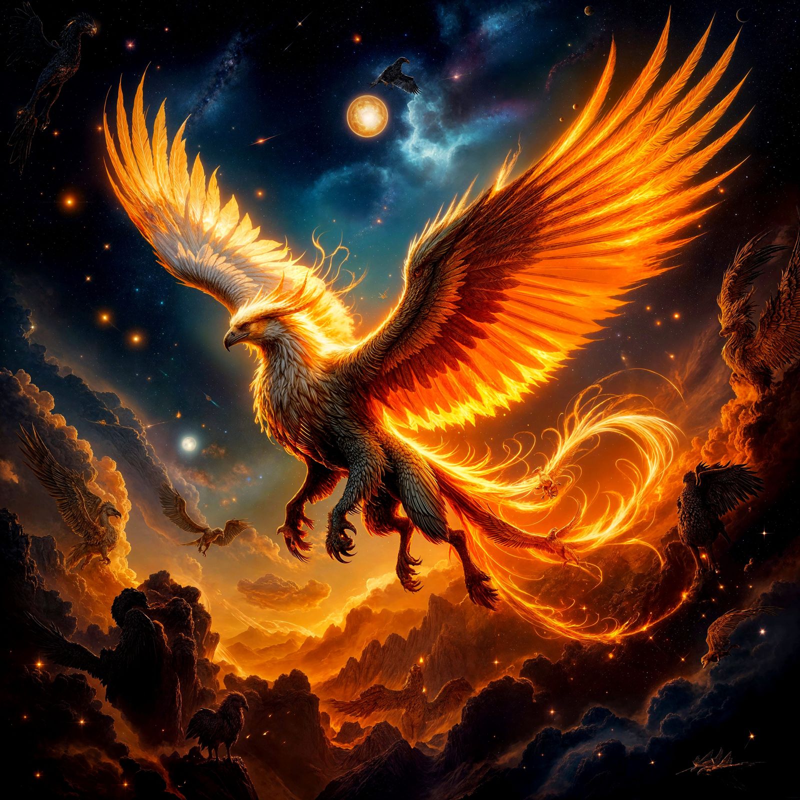 Golden Griffin Soaring Through Cosmic Nebula
