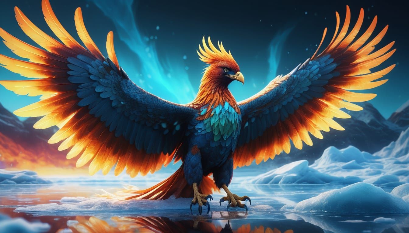 Frozen Phoenix Rises from Icy Lake in Vibrant Oil Gouache St...