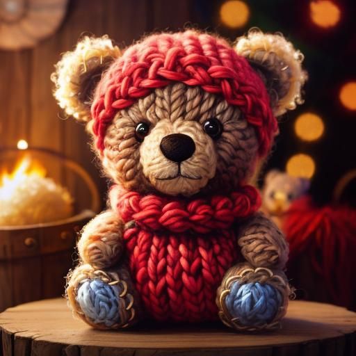 Cute Knitted Teddy Bear with Big Eyes: Fantasy Art