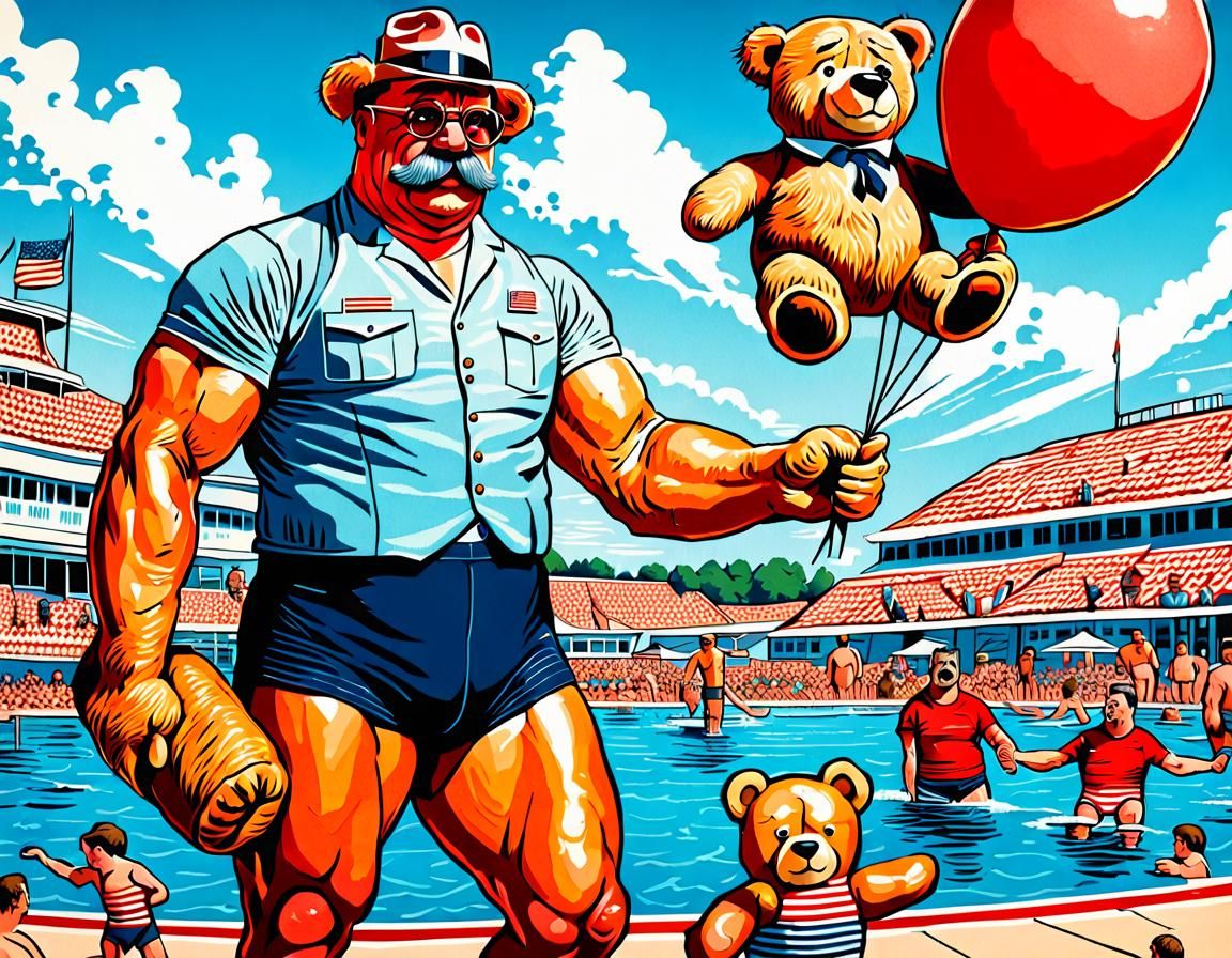 Theodore Roosevelt with Giant Teddy Bear, Caricature Art