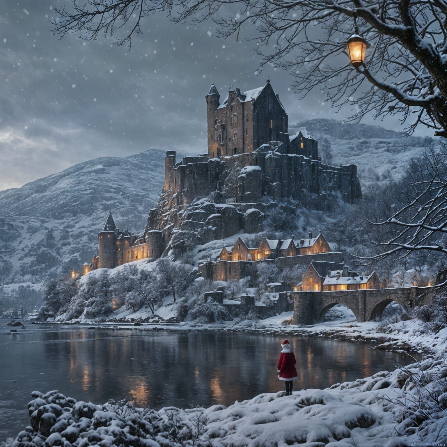 Loch Ness Castle Scene at Christmas in Digital Matte Paintin...