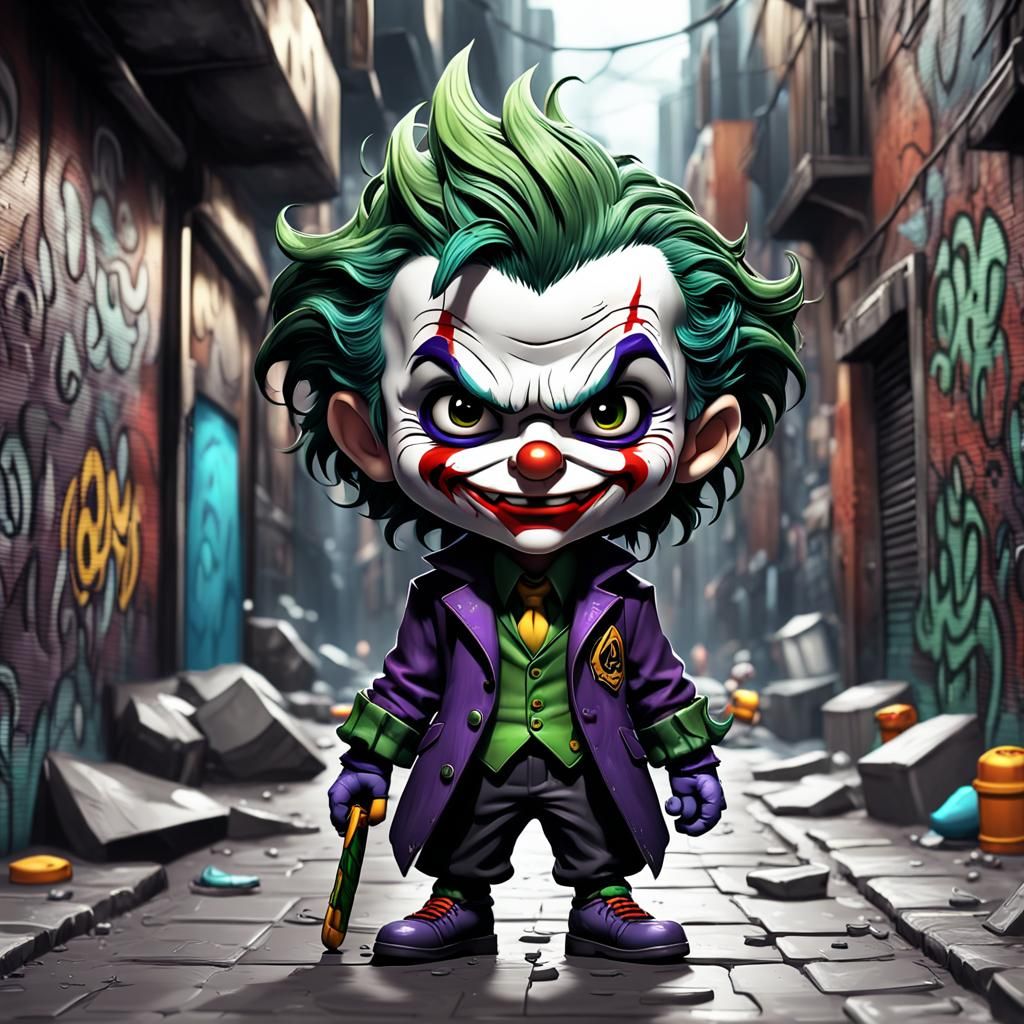 Anarchist Chibi Joker in Graffiti Alley, Detailed Digital Ar...