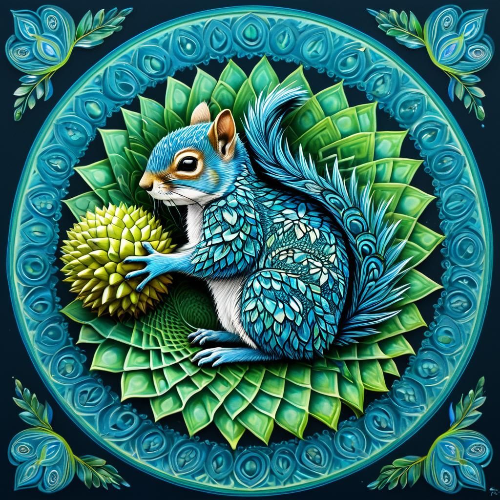 Squirrel with Durian in Fractal Mandala Landscape
