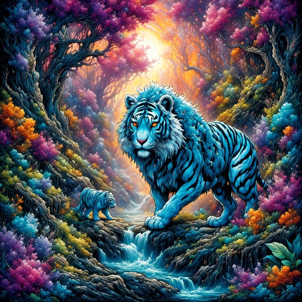 Blue Tiger Prowls Fantasy Jungle: Ink and Acrylic Art