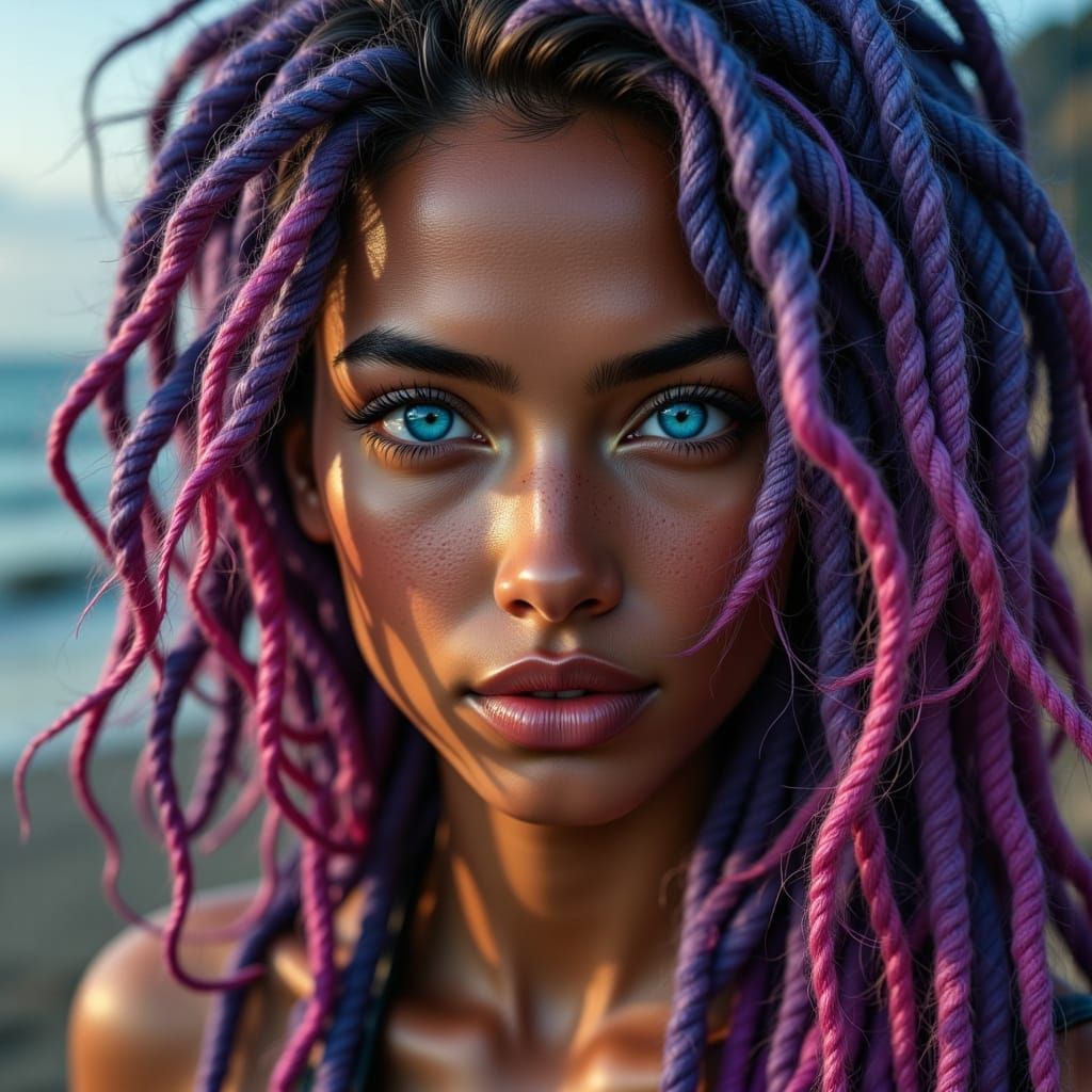 Masculine Gynoid Idol with Neon Eyes and Dreadlocks