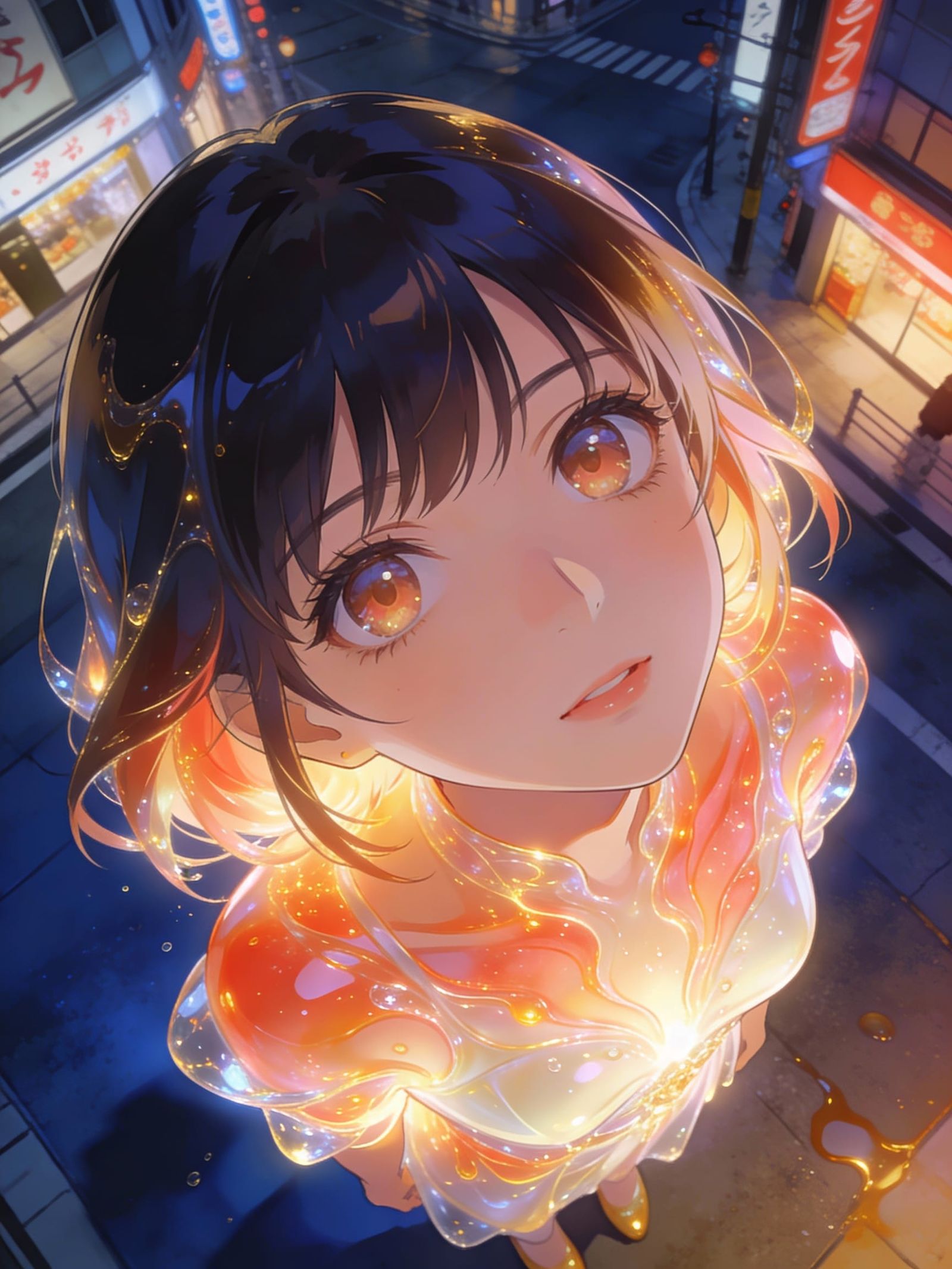 Anime Woman With Amber Eyes In Neon City