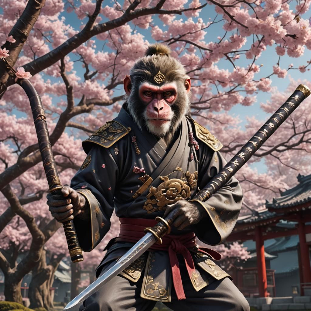 Monkey Samurai with Sword in Kung Fu Dojo
