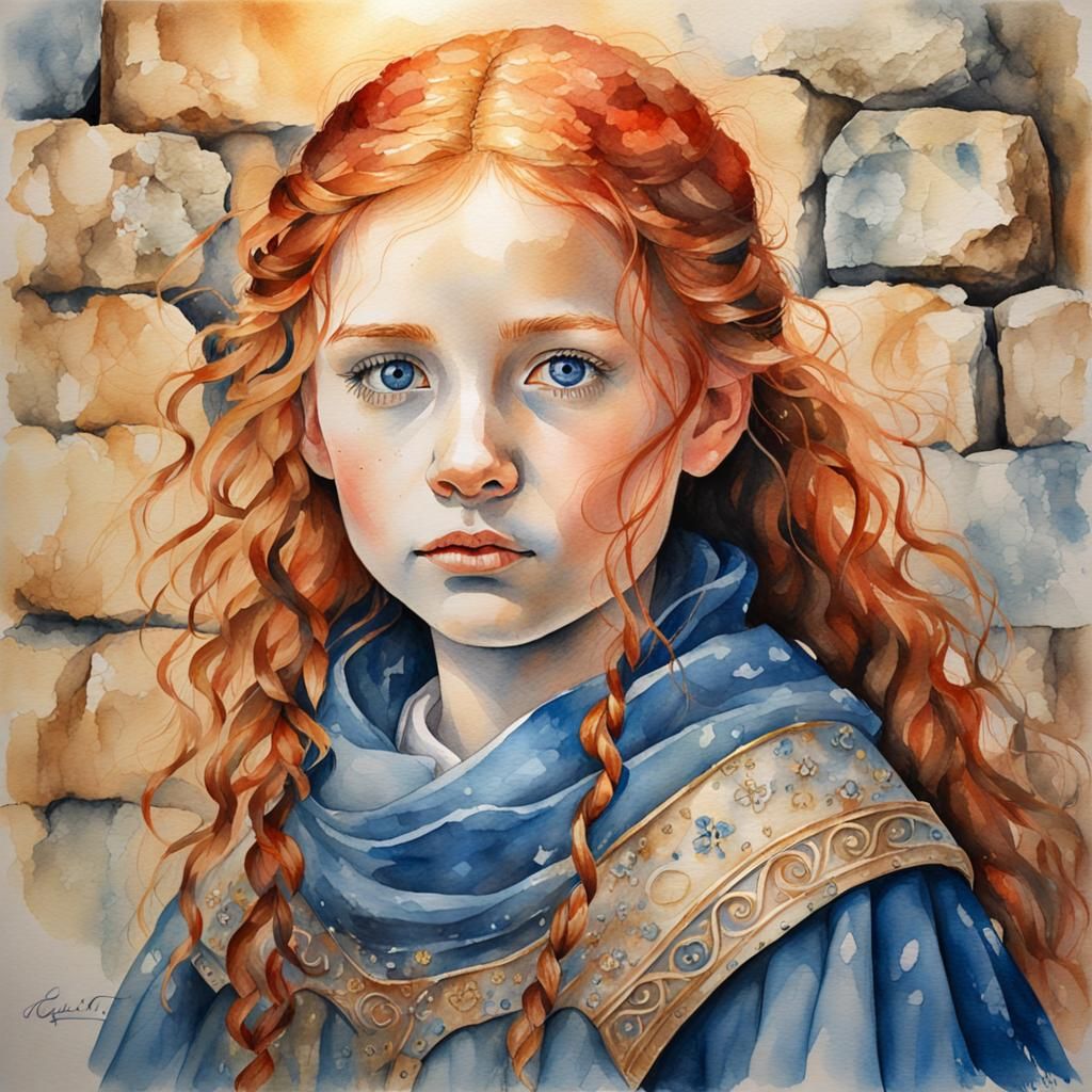 Red-Haired Girl in Watercolor Portrait with Gold Accents