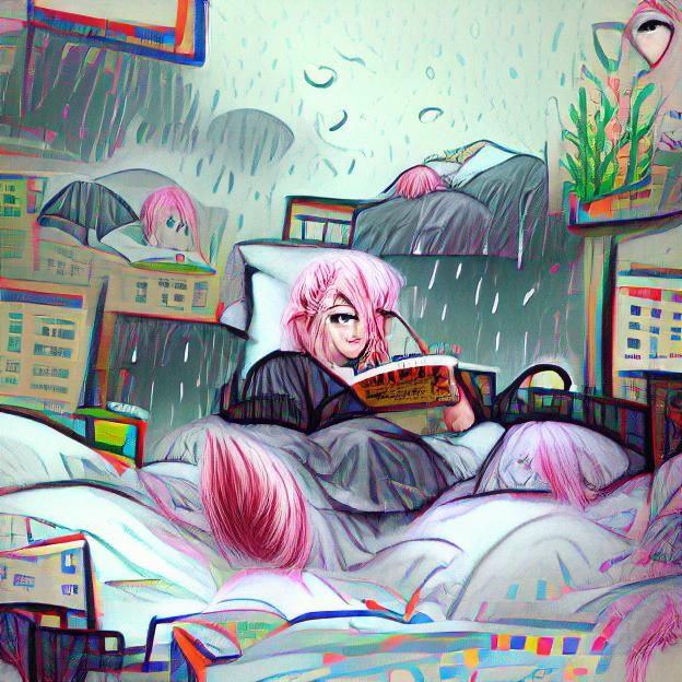 Lo-fi Anime Girl Reading on Rainy Day